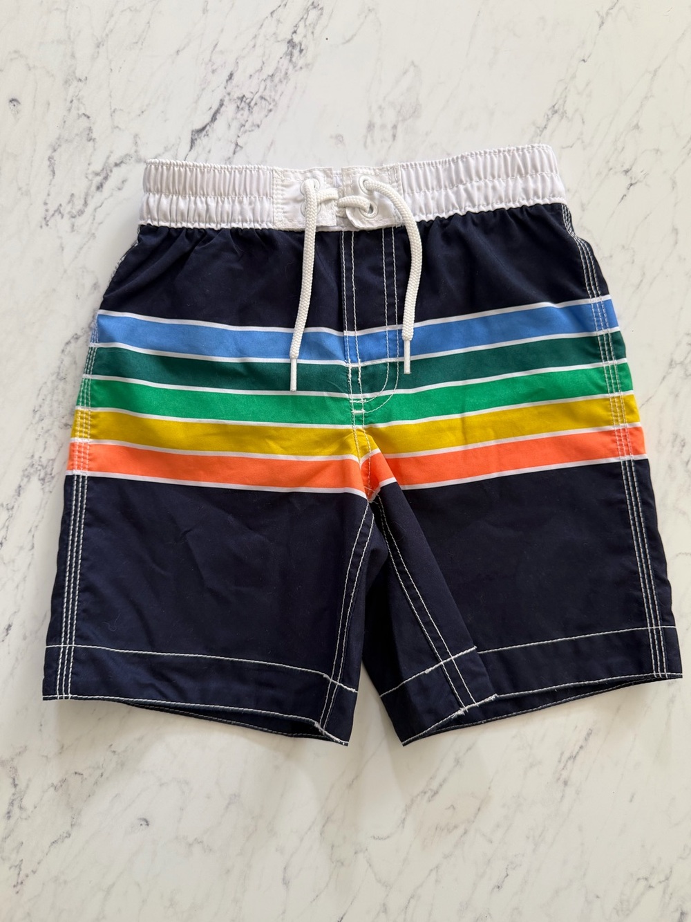 Baby Gap Boys Size 5T Retro Boardshort Swim Trunks, Navy w/ Rainbow Stripes